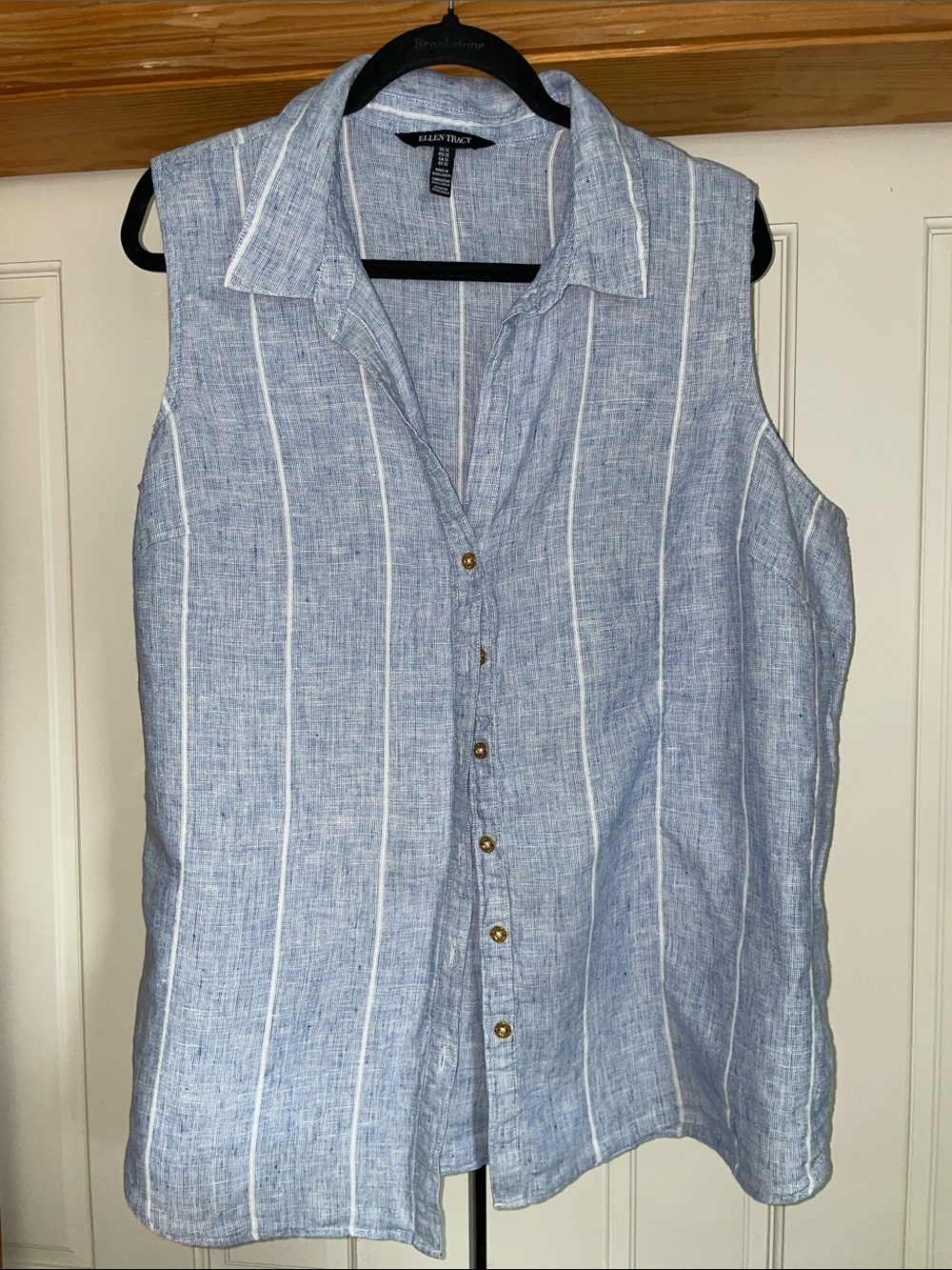 Ellen Tracy Linen Light Blue and White Sleeveless Button-Down Shirt Size 1X